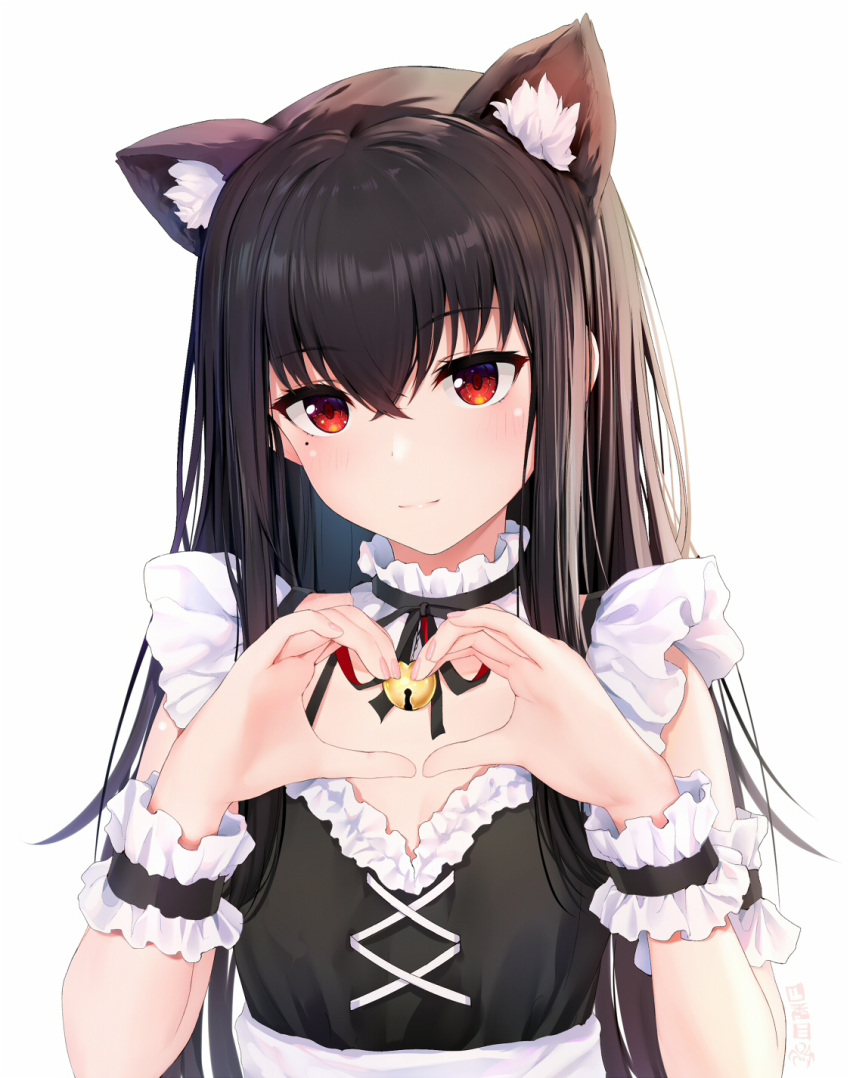 1girl animal_ear_fluff animal_ears apron black_hair cat_ears cat_girl extra_ears heart heart_hands highres indie_virtual_youtuber long_hair looking_at_viewer maid maid_apron red_eyes shibanme_tekikumo simple_background smile virtual_youtuber white_background wrist_cuffs xingye