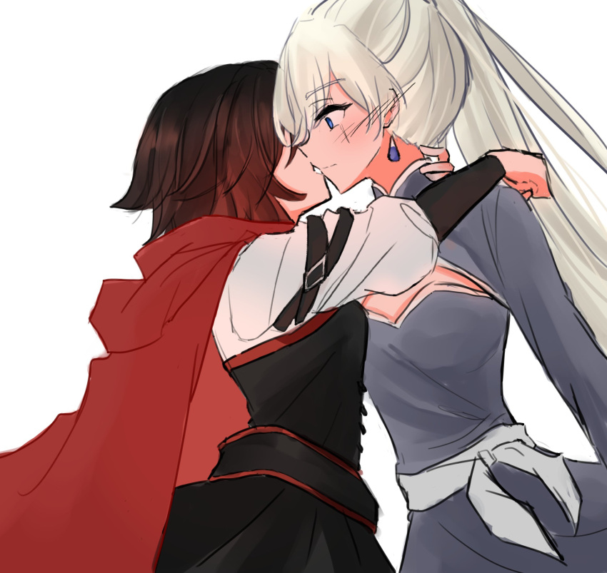2girls black_dress black_hair blue_eyes cape cleavage_cutout clothing_cutout dress earrings gradient_hair hand_on_another's_neck hand_on_another's_shoulder highres imminent_kiss jewelry long_hair multicolored_hair multiple_girls ponytail purple_dress red_cape red_hair ruby_rose rwby sash scar scar_across_eye short_hair tuemei weiss_schnee white_background white_hair yuri