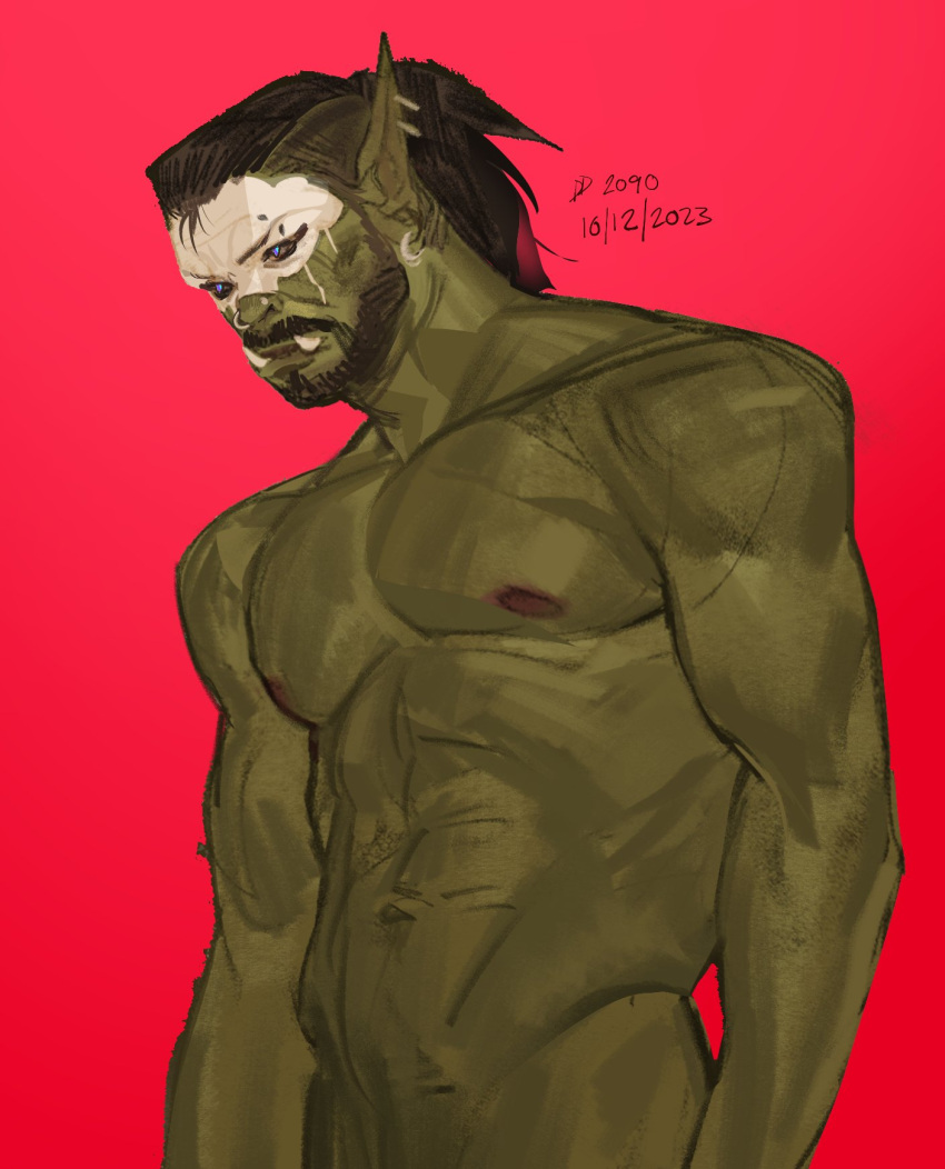 1boy abs arms_at_sides baldur's_gate baldur's_gate_3 bara beard character_request colored_skin dungeons_and_dragons facial_hair green_skin highres large_ears looking_ahead male_focus mask mature_male monster_boy navel nipples nose_piercing nose_ring nude orc piercing pointy_ears seansketches short_hair skull_mask solo stomach thick_eyebrows toned toned_male tusks upper_body
