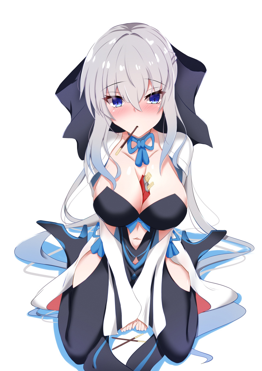 absurdres between_legs black_bodysuit black_ribbon blue_eyes blue_ribbon blue_trim blush bodysuit boots breasts cleavage fate/grand_order fate_(series) food_in_mouth grey_hair hair_between_eyes hand_between_legs high_heel_boots high_heels highres ice_choco_maker large_breasts long_hair looking_at_viewer morgan_le_fay_(fate) navel nose_blush own_hands_together pocky_day pocky_in_mouth ribbon seiza sitting very_long_hair white_sleeves