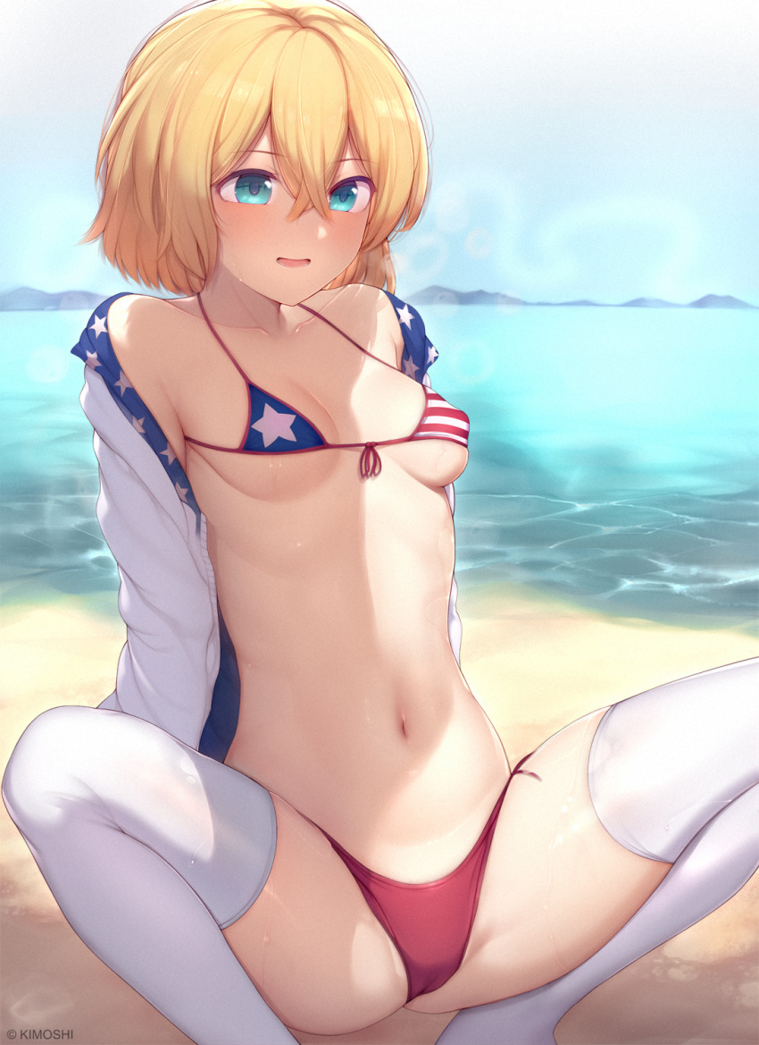 1girl american_flag american_flag_bikini american_flag_print beach bikini blonde_hair blue_eyes blush breasts flag_print highres jacket jacket_partially_removed kanojo_okarishimasu kimoshi medium_breasts nanami_mami navel off_shoulder outdoors red_bikini short_hair smile solo spread_legs squatting swimsuit thighhighs white_thighhighs