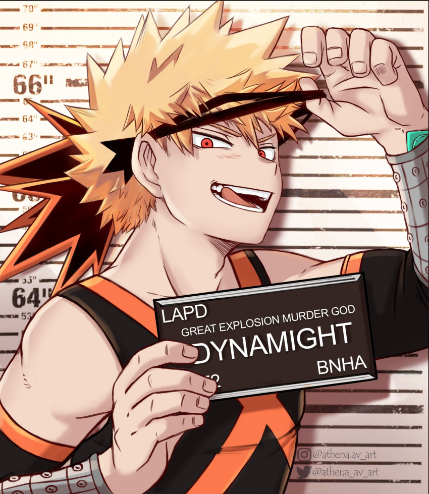 1boy artist_name athena_av bakugou_katsuki barbie_mugshot_(meme) blonde_hair boku_no_hero_academia detached_sleeves english_commentary height_chart highres looking_at_viewer male_focus meme mugshot multicolored_hair red_eyes solo spiked_hair split-color_hair superhero teeth tongue tongue_out