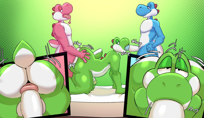 2023 anal anthro balls big_butt biped butt cyan_yoshi digital_media_(artwork) erection fellatio genitals green_yoshi group male male/male mario_bros nintendo nude oral penile penis pink_yoshi ramsacked sex simple_background spitroast thick_thighs trio wide_hips yoshi