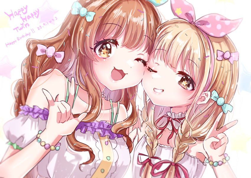 2girls ;d \m/ absurdres blonde_hair blush bow braid breasts center_frills choker collarbone dated frilled_choker frills futaba_anzu grin hair_bow hair_ribbon happy_birthday heads_together highres idolmaster idolmaster_cinderella_girls large_breasts looking_at_viewer marieshi moroboshi_kirari multiple_girls off-shoulder_shirt off_shoulder one_eye_closed orange_hair polka_dot_hairband ribbon shirt small_breasts smile star-shaped_pupils star_(symbol) symbol-shaped_pupils twin_braids upper_body v