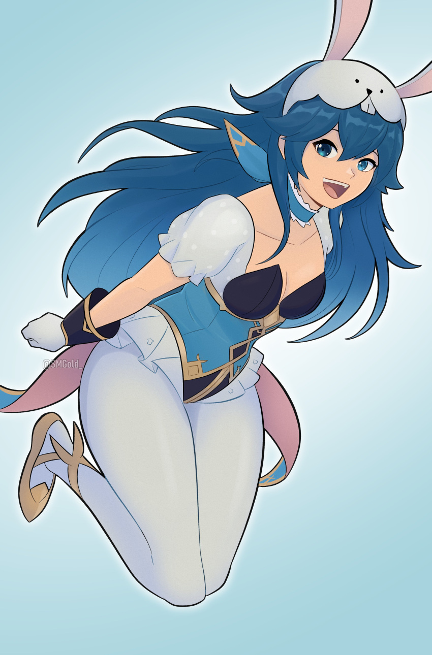 1girl :d absurdres animal_ears blue_background blue_eyes blue_hair breasts choker cleavage collarbone fake_animal_ears fire_emblem fire_emblem_awakening fire_emblem_heroes frilled_choker frills gloves gold_trim highres leotard long_hair looking_at_viewer lucina_(fire_emblem) lucina_(spring)_(fire_emblem) microskirt official_alternate_costume open_mouth pantyhose playboy_bunny puffy_short_sleeves puffy_sleeves rabbit_ears see-through short_sleeves simple_background skirt small_breasts smgold smile solo twitter_username underbust white_gloves