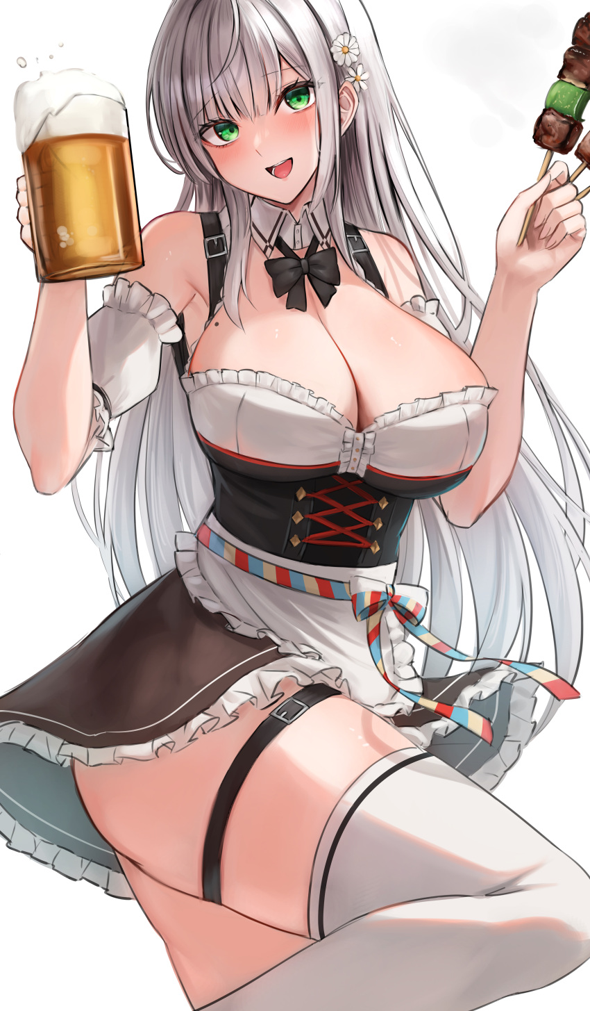 1girl absurdres alcohol ass bare_shoulders beer beer_mug breasts cleavage cowboy_shot cup dirndl dress flower food german_clothes green_eyes grey_hair hair_flower hair_ornament hana_hebi highres hololive large_breasts long_hair mole mole_on_breast mug open_mouth shirogane_noel short_dress simple_background smile solo standing standing_on_one_leg thighhighs underbust