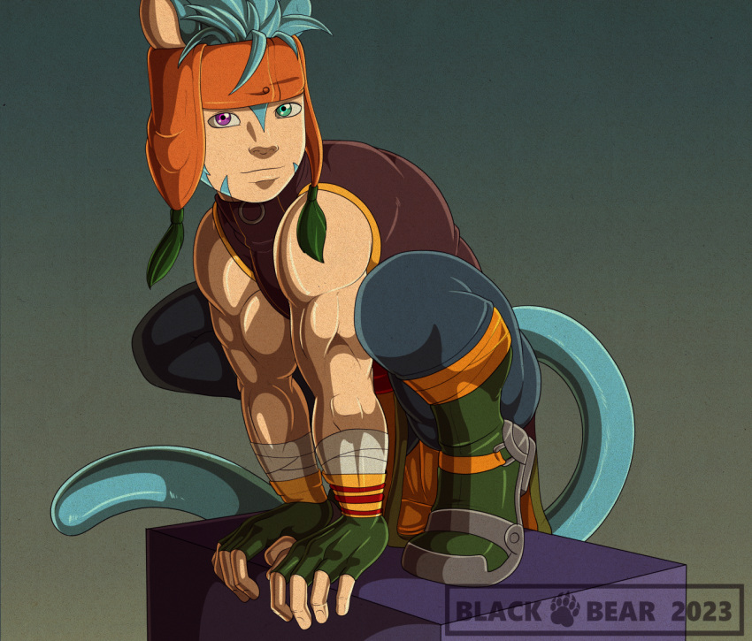 animal_ears blackbear blue_body blue_fur clothed clothing crouching fur heterochromia humanoid laguz male ranulf_(fire_emblem) solo