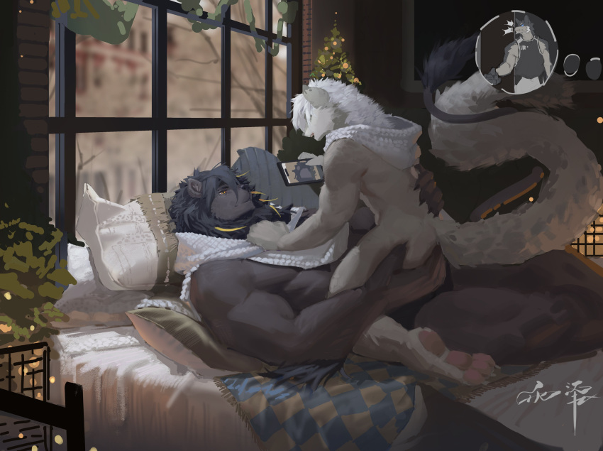 absurd_res anthro anthro_on_anthro awaldkize bed brown_body brown_fur canid canine cellphone duo_focus felid feline fur furniture grey_hair group hair hi_res holding_cellphone holding_object holding_phone holding_smartphone lion lying male male/male mammal mostly_nude obscured_eyes on_back on_bed on_top open_mouth pantherine pawpads phone red_pawpads short_hair size_difference smartphone trio white_body white_fur yellow_eyes