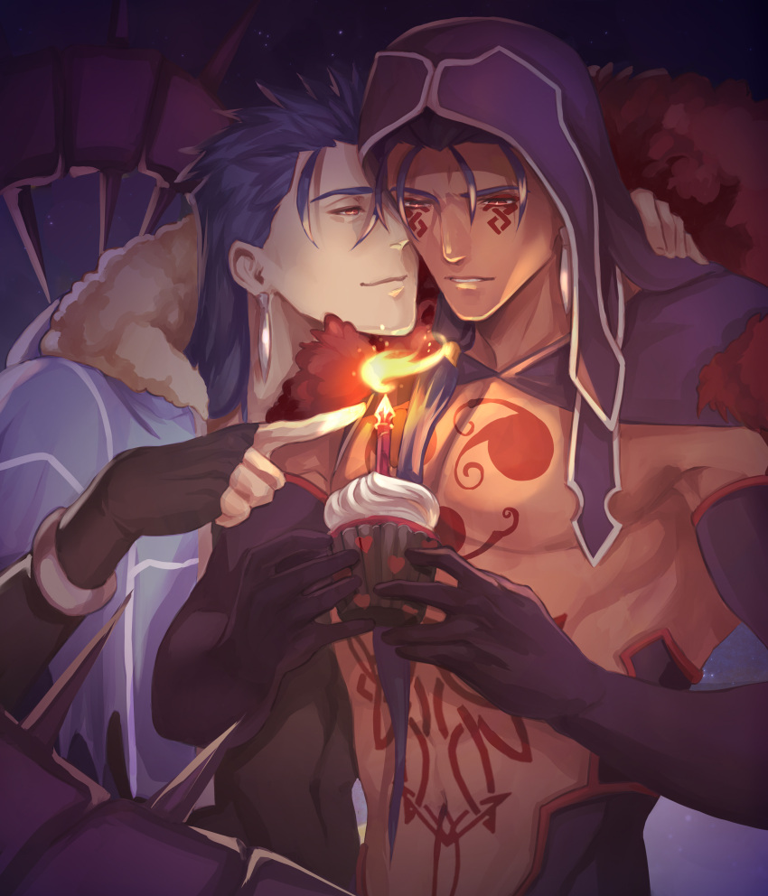 2boys absurdres bare_pectorals black_gloves blue_hair chest_tattoo cu_chulainn_(caster)_(fate) cu_chulainn_(fate) cu_chulainn_alter_(fate) cupcake dual_persona earrings elbow_gloves facial_tattoo fate/grand_order fate_(series) fingerless_gloves fire food gloves gravesecrets hand_on_another's_back highres holding holding_food hood jewelry large_pectorals long_hair multiple_boys muscular muscular_male parted_lips pectorals pointing red_eyes smile stomach_tattoo tan tattoo