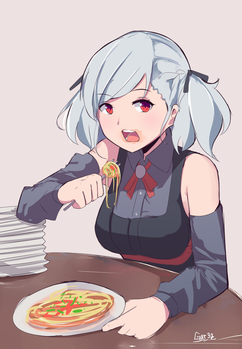 1girl absurdres artist_name black_ribbon black_vest breasts commentary detached_sleeves eating english_commentary food food_on_face fork gar32 girls'_frontline grey_hair grey_shirt grey_sleeves hair_ribbon hand_on_table highres holding holding_fork large_breasts looking_at_viewer medium_hair meme open_mouth pasta plate plate_stack red_eyes ribbon shirt simple_background sleeveless sleeveless_shirt solo spaghetti spas-12_(girls'_frontline) table tamamo_spaghetti_(meme) twintails upper_body vest white_background
