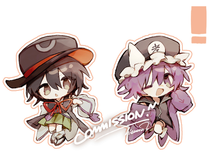 ! 2others arrow_(symbol) black_coat black_eyes black_hair black_headwear black_shirt boots bow bowtie chibi coat collared_shirt collared_socks commentary commission detached_sleeves english_text enraku_tsubakura eye_on_hat eyelashes frilled_hat frills geta green_skirt hakama hakama_short_skirt hakama_skirt hat hat_ribbon hiemonn jacket japanese_clothes len'en mob_cap multiple_others off_shoulder one_eye_closed open_mouth purple_eyes purple_footwear purple_hair purple_jacket purple_trim red_bow red_bowtie red_ribbon ribbon ribbon-trimmed_coat shirt shitodo_kuroji short_hair signature single_bare_shoulder skirt sleeveless_coat smile socks symbol-only_commentary tabi top_hat triangular_headpiece v-shaped_eyebrows white_shirt white_sleeves white_socks wide_sleeves