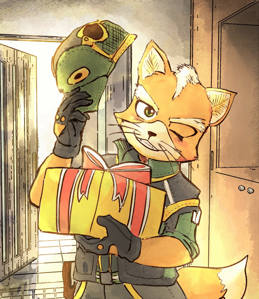 absurd_res anthro blush canid canine clothing delivery_(commerce) delivery_employee door doorway fox fox_mccloud gloves green_eyes grin handwear hat headgear headwear hi_res katamichi looking_at_viewer male mammal nintendo one_eye_closed package postal_delivery ribbons smile solo star_fox wink