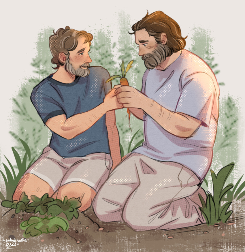 2boys bara beard bill_(last_of_us) blush carrot couple eye_contact facial_hair frank_(last_of_us) grey_hair harvest highres holding_hands kneeling looking_at_another male_focus mature_male multicolored_hair multiple_boys old old_man on_ground plant sadmishutka shirt short_hair short_shorts shorts smile streaked_hair t-shirt the_last_of_us thick_eyebrows thick_mustache yaoi