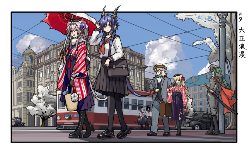 1boy 5girls alternate_costume animal_ears arknights bag black_footwear black_gloves black_hair black_pantyhose black_skirt black_vest blonde_hair blue_hair blue_sky bow bowtie braid bus cape car ch'en_(arknights) character_request cityscape cloud day diagonal_stripes dog_boy dragon_horns dragon_tail formal furry furry_male gloves green_hair hair_bow hat holding holding_bag holding_suitcase holding_sword holding_umbrella holding_weapon horns hoshiguma_(arknights) hung_(arknights) japanese_clothes katana kimono kuroinu9 lin_(arknights) loafers looking_at_viewer military_hat military_uniform motor_vehicle mouse_ears mouse_girl mouse_tail multiple_girls neckerchief obi outdoors outside_border pantyhose parasol pink_hair pleated_skirt power_lines red_eyes red_neckerchief sailor_collar sash scarf school_uniform serafuku shirt shoes shoulder_bag single_horn skirt sky striped suitcase swire_(arknights) sword tail taishou top_hat tree twin_braids umbrella uniform vest watch weapon white_hair white_scarf white_shirt wristwatch