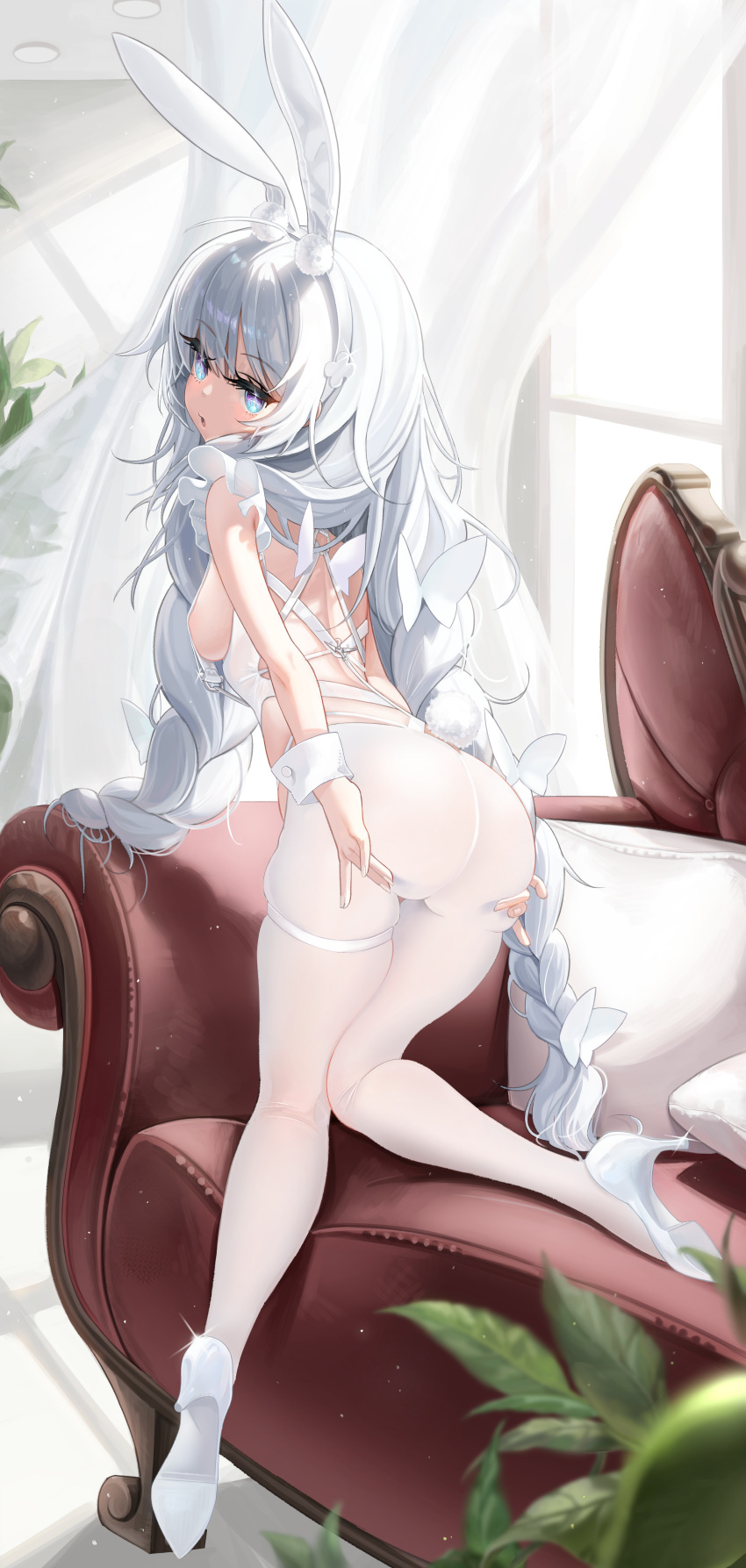 +_+ 1girl :o absurdres acma ahoge animal_ears ass azur_lane blue_eyes braid breasts butterfly_hair_ornament commentary couch curtains fake_animal_ears fake_tail from_behind hair_ornament hands_on_own_ass high_heels highres indoors kneeling le_malin_(azur_lane) le_malin_(listless_lapin)_(azur_lane) leotard long_hair looking_at_viewer low_twin_braids medium_breasts nontraditional_playboy_bunny on_couch pantyhose pillow plant playboy_bunny potted_plant rabbit_ears rabbit_tail sideboob skindentation solo tail thigh_gap thigh_strap twin_braids very_long_hair white_footwear white_hair white_leotard white_pantyhose window wrist_cuffs