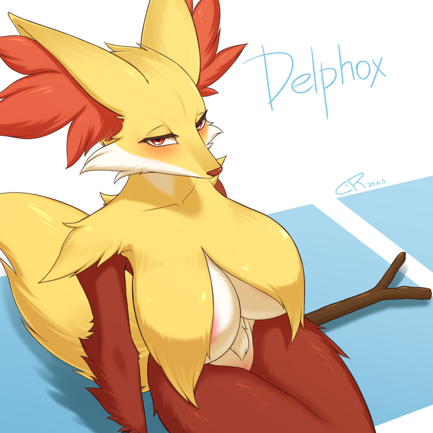 anthro areola areola_slip big_breasts blush breasts canid coolryong delphox female fur generation_6_pokemon hi_res inner_ear_fluff looking_at_viewer mammal multicolored_body multicolored_fur narrowed_eyes nintendo nude pokemon pokemon_(species) red_body red_fur sitting solo stick tuft yellow_body yellow_fur