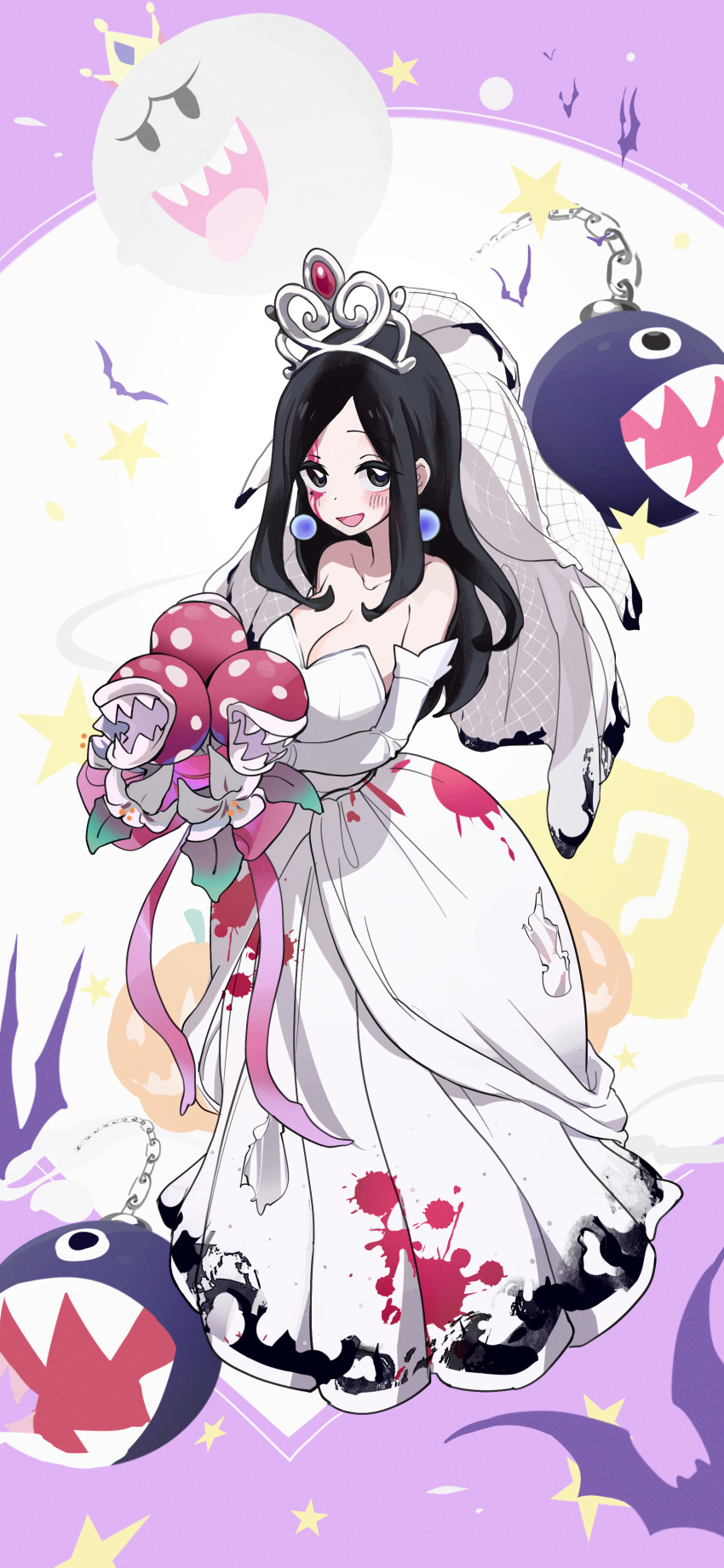 1girl absurdres black_eyes black_hair blush breasts chain_chomp cleavage cosplay crown dress earrings ghost gloves halloween highres jewelry king_boo large_breasts long_hair looking_at_viewer luigi's_mansion mario_(series) medium_hair mo0o0rae mole mole_under_eye open_mouth piranha_plant princess_king_boo princess_king_boo_(cosplay) sakurai_touko senpai_ga_uzai_kouhai_no_hanashi sharp_teeth sidelocks smile super_crown teeth tiara tongue tongue_out white_dress white_gloves white_hair