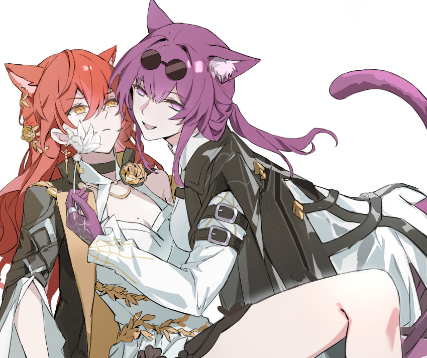 2girls all_fours animal_ear_fluff animal_ears arm_belt between_legs black_choker black_coat breasts cat_ears cat_girl cat_tail cat_teaser choker coat collared_shirt eyewear_on_head feet_out_of_frame flower from_side gloves hair_flower hair_ornament highres himeko_(honkai:_star_rail) honkai:_star_rail honkai_(series) jewelry kafka_(honkai:_star_rail) kemonomimi_mode knee_up long_hair long_sleeves mole mole_on_breast multiple_girls off_shoulder open_mouth pince-nez pink_eyes ponytail purple_gloves purple_hair reclining red_hair ring round_eyewear shirt simple_background smile spider_web_print sunglasses tail was775 wavy_hair white_background white_shirt yellow_eyes