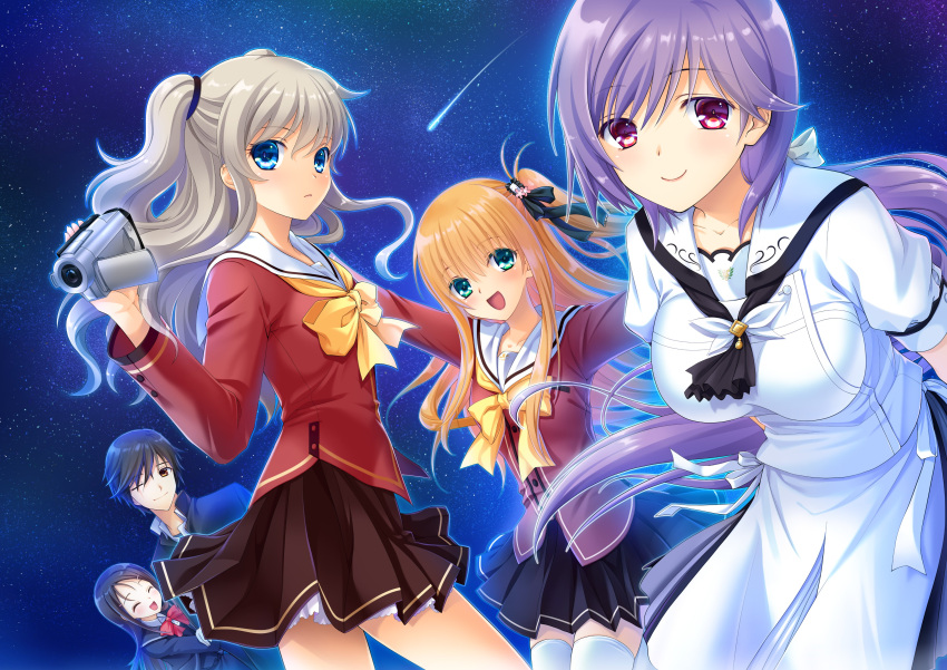 1boy 4girls :d absurdres black_skirt blonde_hair blue_eyes breasts brown_skirt camcorder charlotte_(anime) commentary company_connection crossover dress english_commentary grey_hair hamada_mari hand_up highres hoshinoumi_academy_school_uniform key_(company) large_breasts leaning_forward long_hair long_sleeves looking_at_viewer low_ponytail miniskirt mizuori_shizuku multiple_girls nishimori_yusa one_eye_closed one_side_up otosaka_ayumi otosaka_yuu pleated_dress pleated_skirt purple_hair red_eyes red_shirt sailor_collar scar scar_across_eye scar_on_face school_uniform serafuku shirt shooting_star sidelocks skirt sky smile star_(sky) starry_sky summer_pockets thighhighs tomori_nao two_side_up very_long_hair video_camera wavy_hair white_sailor_collar white_serafuku white_shirt white_thighhighs zettai_ryouiki