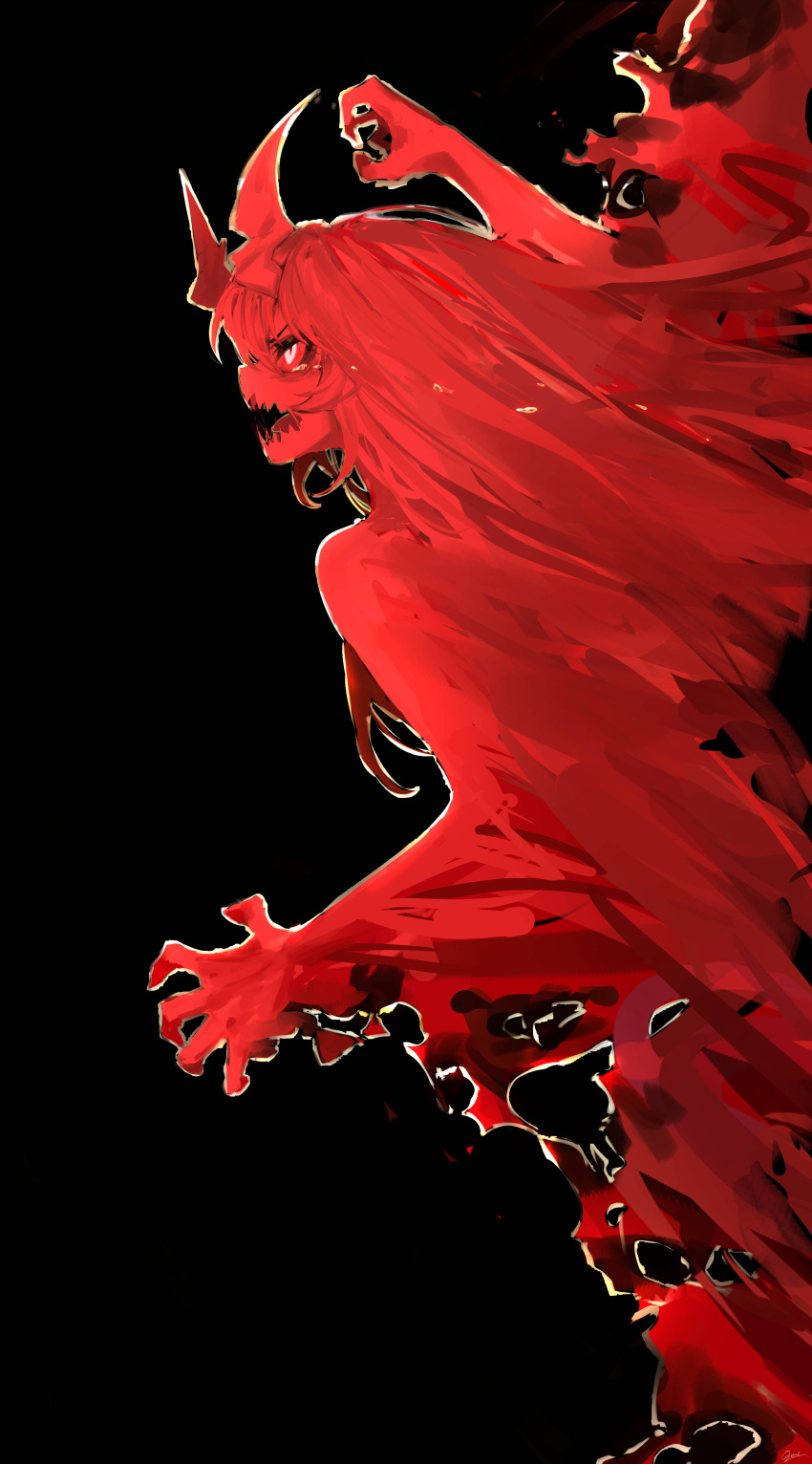 1girl absurdres arm_up black_background colored_sclera colored_skin crying crying_with_eyes_open demon_girl demon_horns glowing glowing_eyes hand_up highres horns original ozeu0916 red_hair red_sclera red_skin red_theme sharp_teeth signature solo tears teeth white_eyes