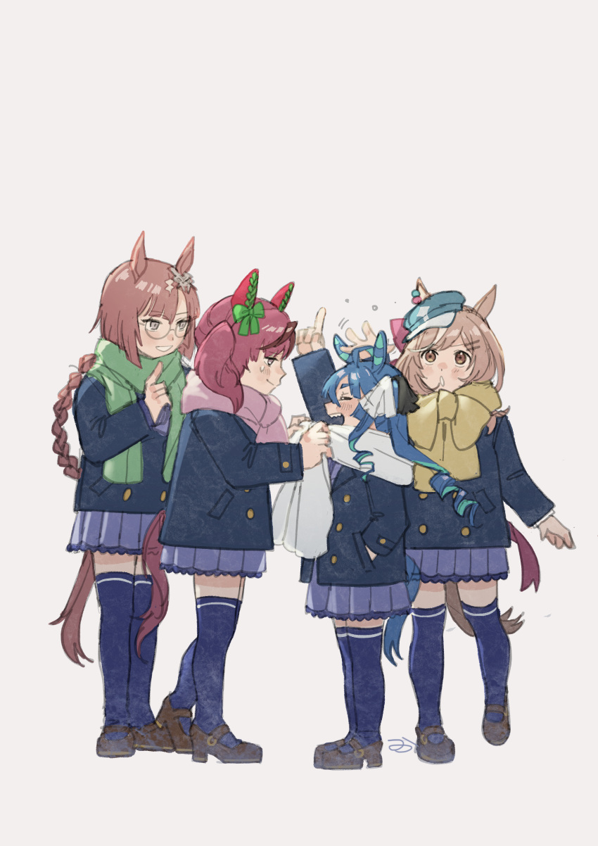 4girls :o absurdres ahoge animal_ears blue_hair blush bow braid braided_ponytail brown_hair ear_covers ear_ornament ears_through_headwear green_scarf hair_bow hand_in_pocket highres horse_ears horse_girl horse_tail ikuno_dictus_(umamusume) incoming_headpat light_brown_hair light_smile long_hair mary_janes matikane_tannhauser_(umamusume) multiple_girls nice_nature_(umamusume) okurahomamikusa open_mouth pink_scarf pointing pointing_up red_hair scarf scarf_tying school_uniform sharp_teeth shoes single_braid smile tail teeth thighhighs tracen_school_uniform tracen_winter_coat twin_turbo_(umamusume) twintails umamusume upper_teeth_only white_scarf yellow_scarf zettai_ryouiki