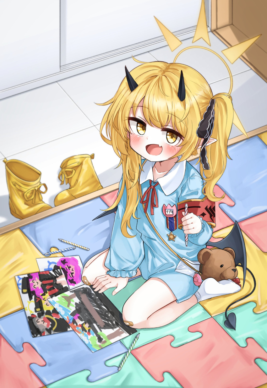 1girl absurdres animal_bag armband bag bandaid bandaid_on_knee bandaid_on_leg black_ribbon blonde_hair blue_archive blue_shirt blush boots child child's_drawing collarbone commentary demon_girl demon_horns demon_tail demon_wings fang hair_ribbon halo highres holding holding_marker horns ibuki_(blue_archive) indoors jokebag kindergarten_uniform long_hair long_sleeves looking_at_viewer low_wings marker name_tag neck_ribbon no_shoes one_side_up open_mouth pointy_ears red_armband red_ribbon ribbon shirt shoulder_bag sitting skin_fang socks solo tail unworn_footwear wariza white_socks wings yellow_eyes yellow_footwear yellow_halo