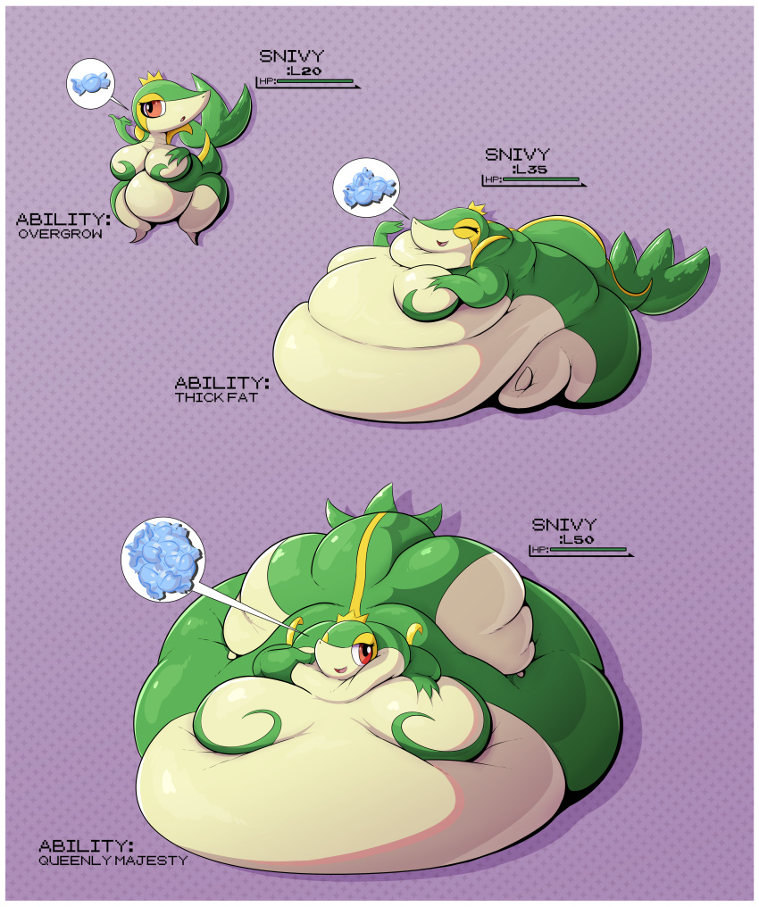 absurd_res anthro belly big_belly big_breasts big_butt breasts butt candy crown dessert featureless_breasts female food gameplay_mechanics generation_5_pokemon green_body headgear hi_res huge_breasts huge_butt huge_thighs hyper hyper_belly hyper_breasts hyper_butt hyper_thighs immobile morbidly_obese morbidly_obese_anthro morbidly_obese_female nintendo obese obese_anthro obese_female open_mouth overweight overweight_anthro overweight_female pokemon pokemon_(species) rare_candy red_eyes smile snivy solo thick_thighs veryfilthything weight_gain white_body