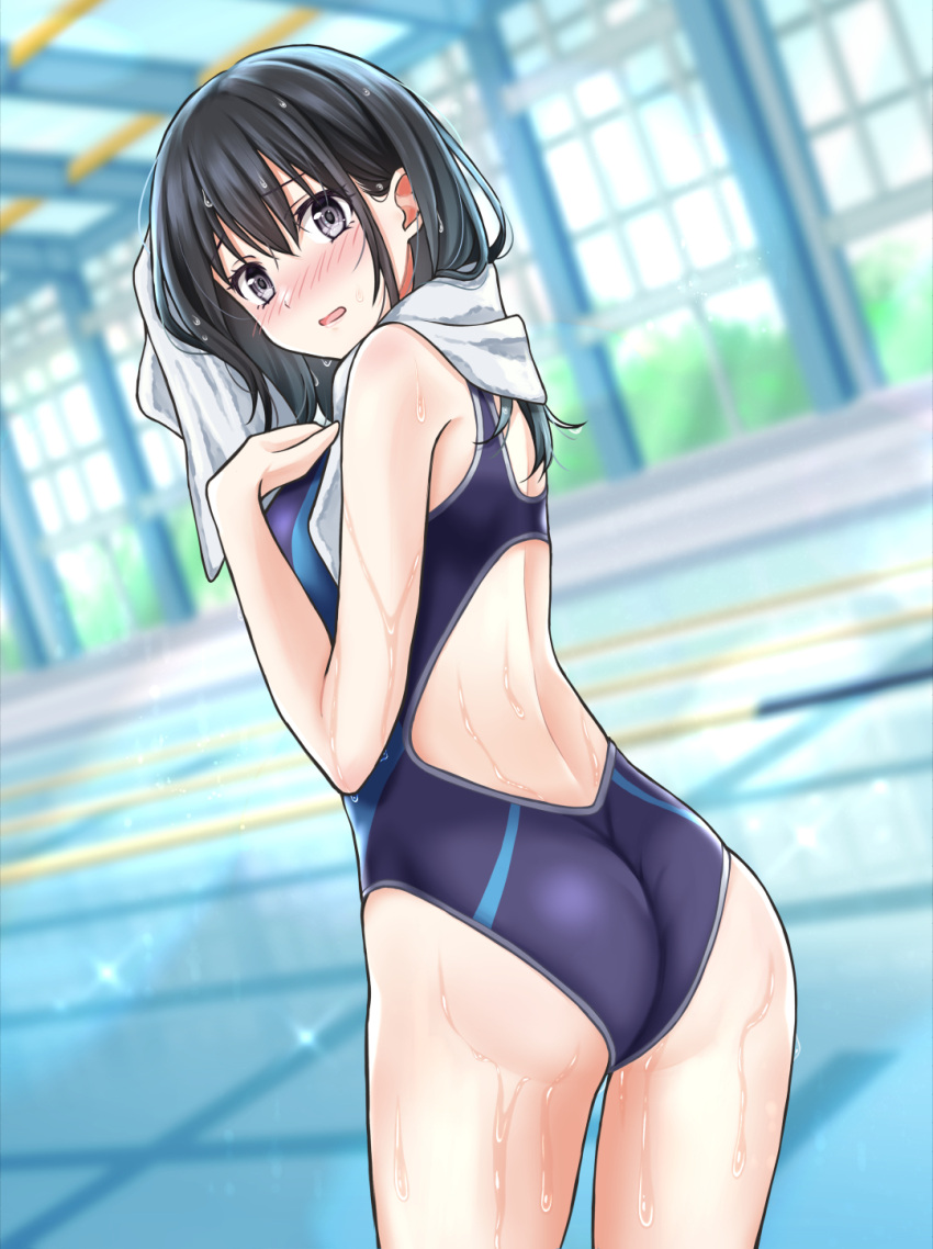 1girl ass awazake_(2wairu) black_hair black_one-piece_swimsuit blurry blurry_background commentary_request competition_swimsuit dutch_angle grey_eyes highres indoors lane_line long_hair looking_at_viewer looking_back one-piece_swimsuit original pool solo standing swimsuit towel towel_around_neck two-tone_swimsuit