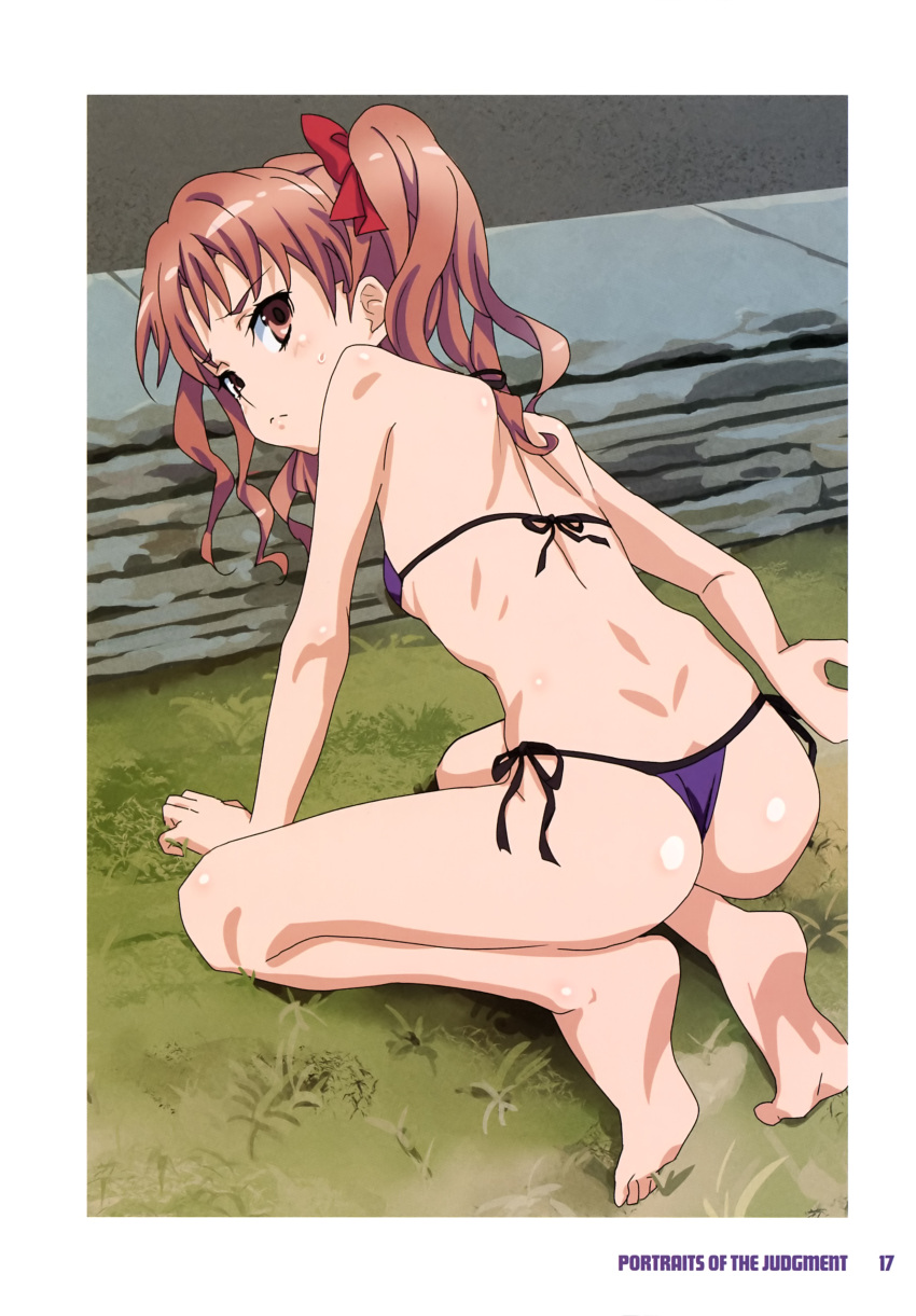 1girl absurdres ass bikini blush breasts brown_eyes brown_hair closed_mouth fujikawa_daichi hair_ribbon highres kneeling looking_at_viewer non-web_source purple_bikini ribbon shirai_kuroko side-tie_bikini_bottom small_breasts solo swimsuit toaru_kagaku_no_railgun toaru_majutsu_no_index twintails