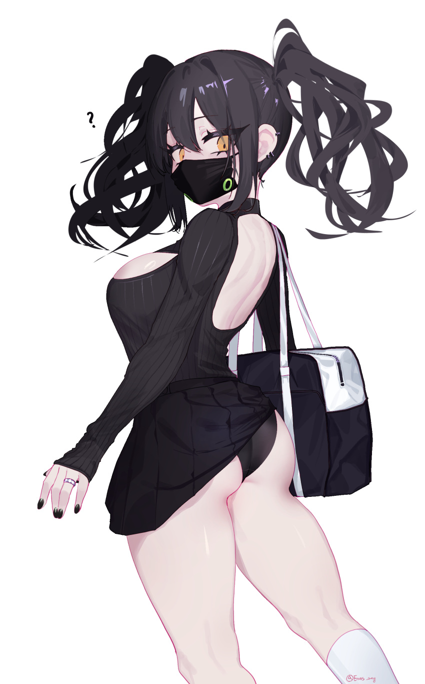 1girl ? absurdres alternate_costume ass back_cutout black_hair black_mask black_panties black_shirt black_skirt breasts cleavage_cutout clothing_cutout ear_piercing eonsang feet_out_of_frame fingernails girls'_frontline highres jewelry large_breasts looking_at_viewer looking_back mask mouth_mask nail_polish panties piercing pleated_skirt ring scarecrow_(girls'_frontline) shirt simple_background skirt socks solo striped striped_shirt twintails twitter_username underwear white_background white_socks