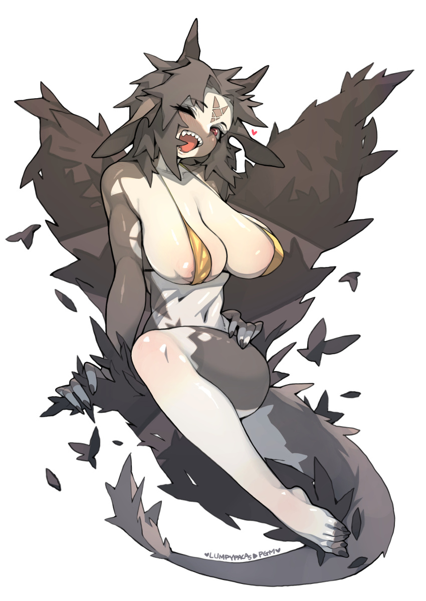 anthro black_body black_hair breasts chabett dragon female hair hi_res horn looking_at_viewer lumpypaca nipples one_eye_closed open_mouth red_eyes solo