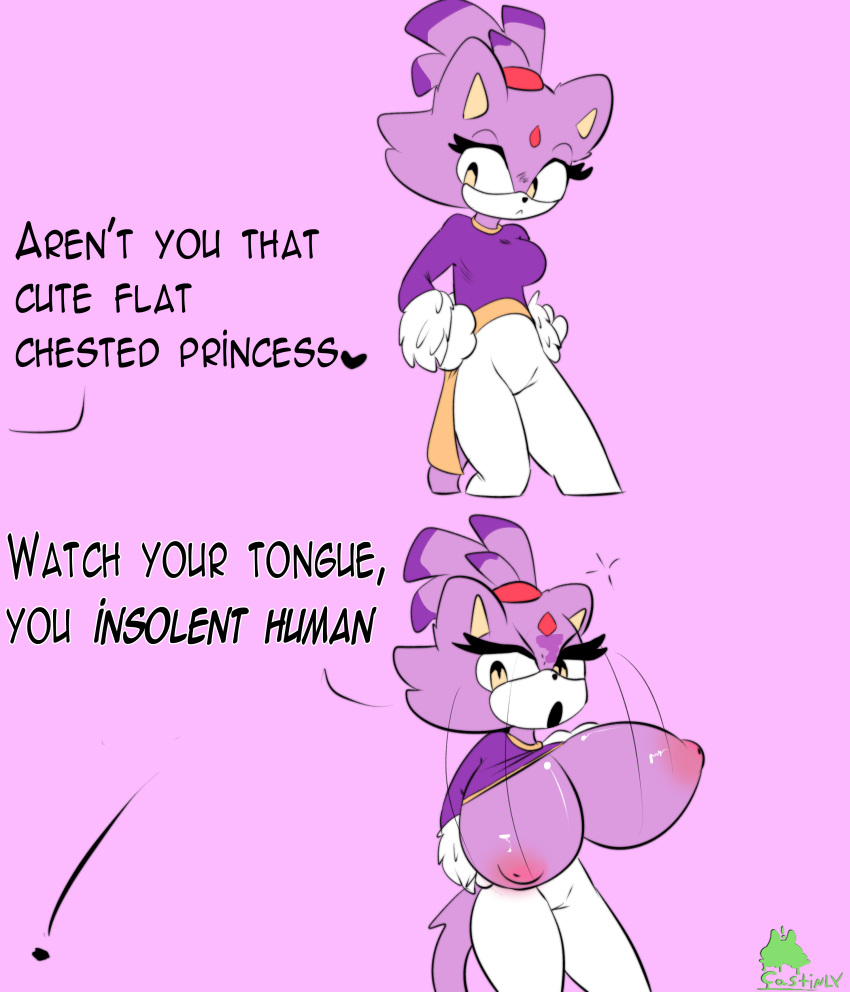 absurd_res annoyed anthro big_breasts blaze_the_cat breasts castinly clothing dialogue felid feline female hi_res looking_at_viewer mammal nipples pink_nipples sega simple_background small_breasts solo sonic_the_hedgehog_(series) thick_thighs tight_clothing