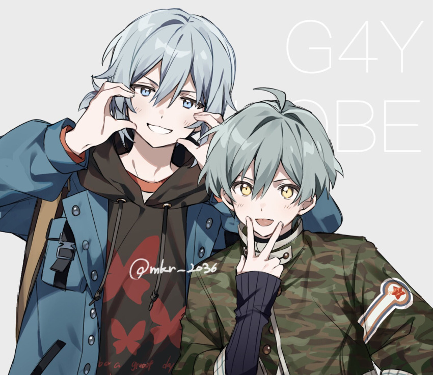 2boys aqua_hair blue_eyes blue_jacket blush brown_hoodie grey_background grey_hair highres hood hood_down hoodie idolish7 isumi_haruka jacket looking_at_viewer male_focus mkr_2036 multicolored_clothes multicolored_hoodie multicolored_shirt multiple_boys red_hoodie red_shirt shirt smile star_(symbol) tongue tongue_out twitter_username white_shirt yellow_eyes yotsuba_tamaki