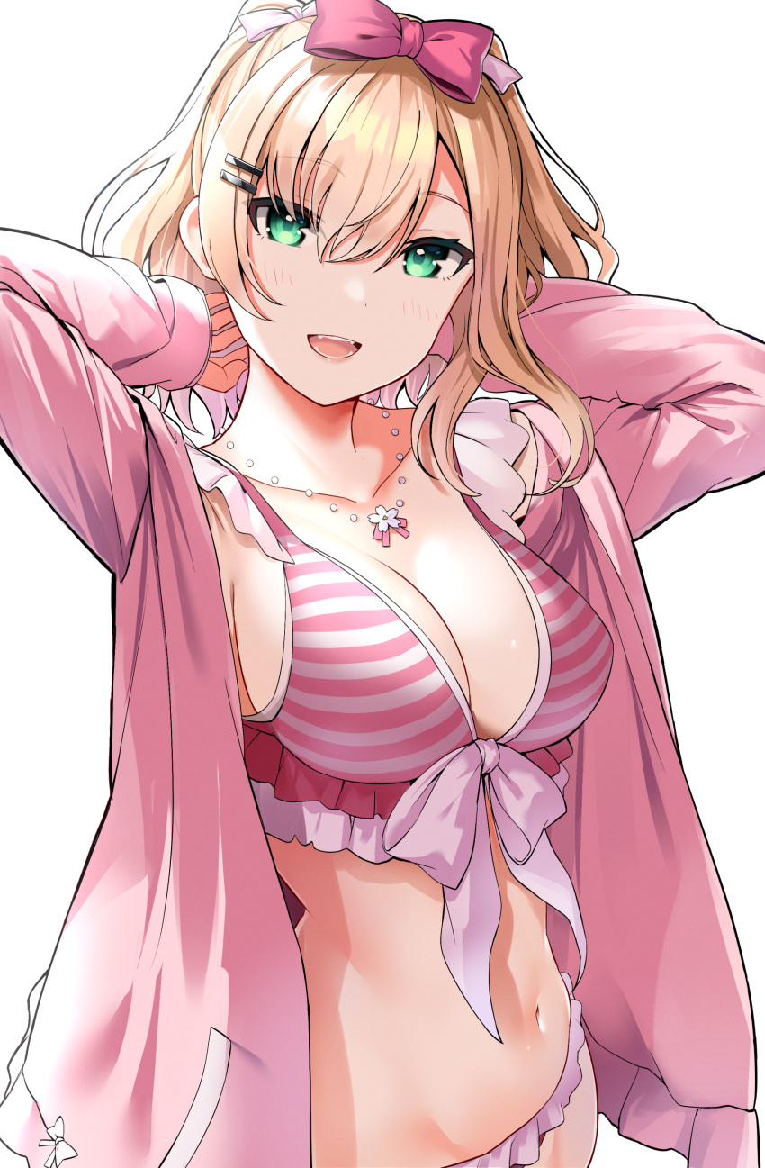 1girl absurdres arms_behind_head bikini blonde_hair bow breasts collarbone commentary_request front-tie_bikini_top front-tie_top green_eyes hair_bow hair_ornament hairclip highres jacket kurumi_noah large_breasts long_sleeves looking_at_viewer medium_hair navel open_clothes open_jacket pink_bikini pink_bow pink_jacket simple_background solo striped striped_bikini swimsuit totoki86 virtual_youtuber vspo! white_background