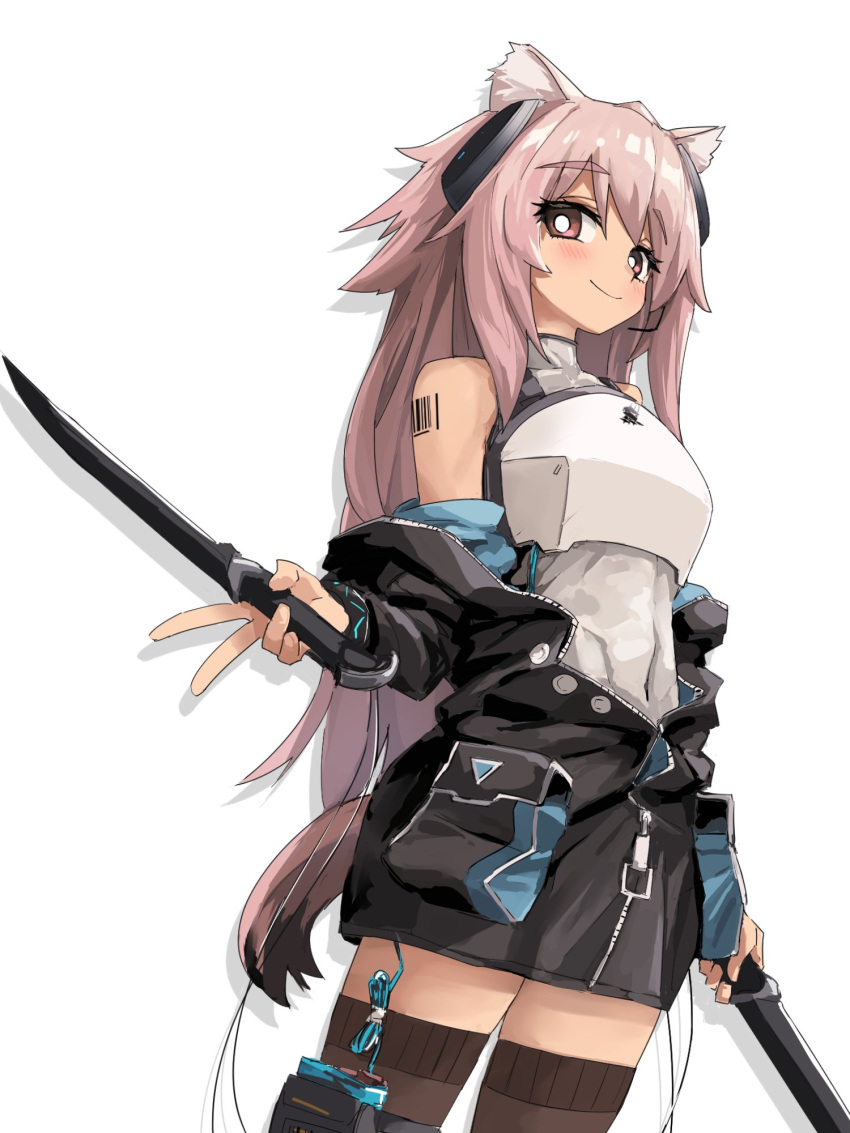 1girl animal_ears arknights arm_tattoo armor barcode barcode_tattoo black_jacket breastplate brown_thighhighs closed_mouth covered_navel dual_wielding earpiece gravel_(arknights) headset highres holding holding_weapon jacket long_hair looking_at_viewer off_shoulder pink_hair prairie_dog_ears prairie_dog_girl prairie_dog_tail red_eyes shoulder_tattoo simple_background solo tail tattoo thighhighs very_long_hair weapon white_background yachima_tana