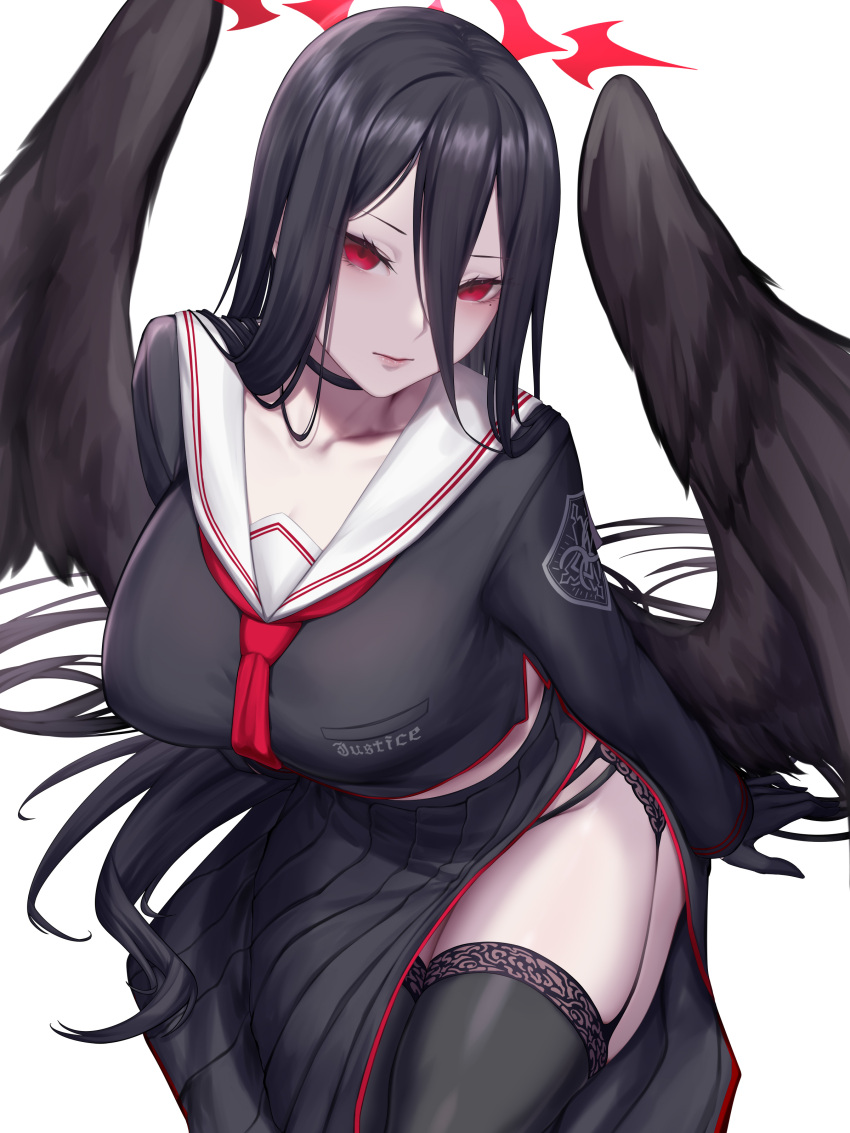 1girl absurdres black_choker black_garter_belt black_gloves black_hair black_skirt black_thighhighs black_wings blue_archive breasts choker closed_mouth garter_belt gloves halo hasumi_(blue_archive) highres kumiko_shiba large_breasts large_wings looking_at_viewer mole mole_under_eye neckerchief panties panty_peek pleated_skirt red_eyes red_neckerchief sailor_collar side_slit simple_background sitting skirt solo thighhighs underwear white_background wings