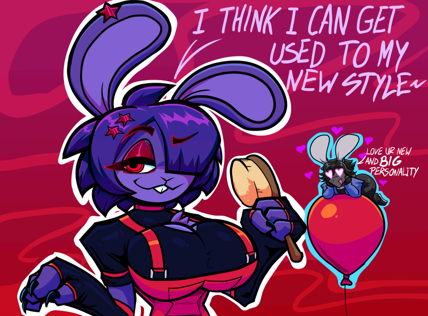 &lt;3 4_fingers accessory anthro balloon big_breasts big_ears black_hair bonfie bonnie_(cally3d) bonnie_(fnaf) bottomwear breasts brush buckteeth chest_tuft claws cleavage_cutout clothed clothing comb_(brush) cyds2 dennis_(cyds2) digital_media_(artwork) ear_piercing english_text eyelashes eyeshadow female fingers five_nights_at_freddy's footwear fredina's_nightclub fur grey_body grey_fur hair hair_accessory hairbrush hairpin hi_res holding_brush holding_object inflatable jacket lagomorph leporid looking_at_viewer makeup male mammal monotone_body monotone_fur multicolored_body multicolored_fur one_eye_obstructed overalls pants piercing purple_body purple_fur purple_hair rabbit red_eyes red_eyeshadow scottgames shoes short_hair simple_background smile smirk solo teeth text topwear tuft two_tone_body two_tone_fur