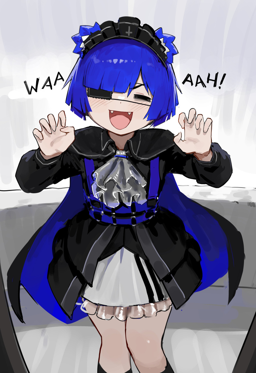 1girl =_= absurdres animal_ear_fluff animal_ears ascot asymmetrical_bangs black_cape black_dress black_socks blue_hair blunt_bangs blush cape claw_pose dress eyepatch facing_viewer fangs flat_chest grey_ascot gris_(vertigris) hands_up highres long_sleeves maid_headdress miniskirt open_mouth original short_hair skirt smile socks solo sound_effects standing vertigris white_skirt