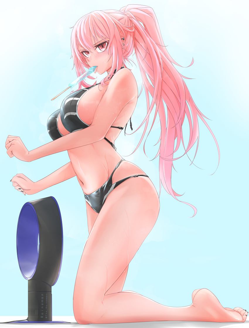 1girl absurdres ass bare_legs barefoot bikini black_bikini black_nails blue_background blush breasts clenched_hands colored_skin ear_piercing electric_fan feet fingernails food food_in_mouth hair_between_eyes highres hololive hololive_english hot kneeling large_breasts long_bangs long_hair looking_at_viewer messy_hair mori_calliope navel piercing pink_hair ponytail popsicle popsicle_in_mouth red_eyes red_skin see-through sideboob sidelocks simple_background stomach summer sweat swimsuit the_raineman tongue tongue_out virtual_youtuber
