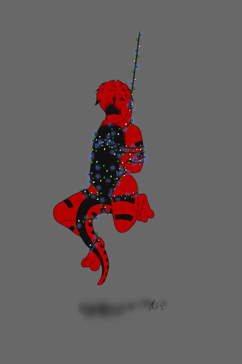 2013 aemi animated anthro black_body black_skin bound digital_drawing_(artwork) digital_media_(artwork) eyes_closed fairy_lights furx_(character) grey_background hi_res lizard male nude red_body red_skin reptile scalie signature simple_background solo