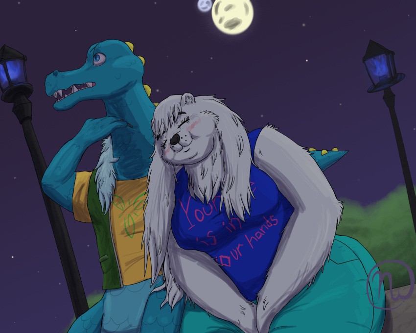 2018 2_moons 4_fingers alligator alligatorid anthro arm_tuft artist_logo azurlligator bear big_breasts big_butt black_nose blue_body blue_bottomwear blue_clothing blue_eyes blue_fire blue_pants blue_scales blue_shirt blue_tank_top blue_topwear blush bottomwear breasts butt chubby_female clawed_fingers claws clothing colored_fire crocodilian duo eternal_forwardness eyes_closed fangs female fingers fire fur fur_trim_(clothing) green_clothing green_topwear green_vest hair hands_between_legs hi_res leaning_on_another logo long_hair looking_up male male/female mammal moon nathile_tiduna neck_tuft night open_mouth orange_clothing orange_shirt orange_topwear pants plant polar_bear pupils reptile scales scalie scratching scratching_neck scutes shirt shrub sitting sitting_on_bench sky skywater slightly_chubby slit_pupils smile star starry_sky street_lamp sundra_bearrison tail tank_top teeth text text_on_clothing thick_thighs topwear tuft ursine vest white_body white_fur white_hair wide_hips yellow_scutes