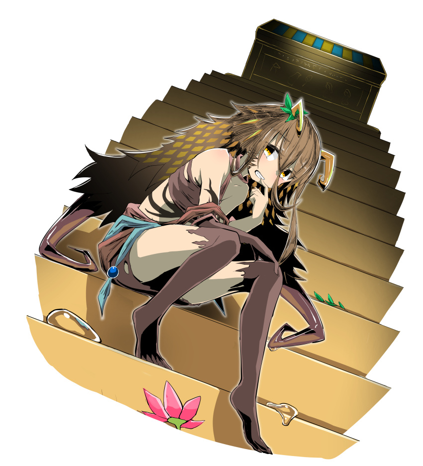 1girl absurdres barefoot body_markings brown_hair brown_skirt brown_tube_top duel_monster highres sarcophagus sitting skirt stairs tomiyama_mishiro torn_clothes traptrix_holeutea white_background yellow_eyes yu-gi-oh!