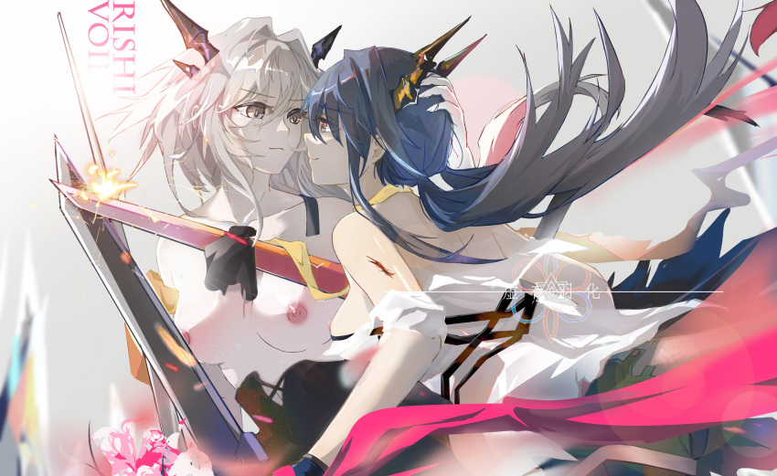 2girls absurdres arknights bare_shoulders black_hair blood breasts ch'en_(arknights) chinese_commentary collarbone commentary_request dragon_girl dragon_horns dragon_tail grey_eyes grey_hair head_grab highres holding holding_sword holding_weapon horns incest injury large_breasts long_hair looking_at_another medium_breasts multiple_girls nipples off_shoulder red_eyes shirt siblings sisters smile sword tail talulah_(arknights) twintails viod_yuhua weapon white_shirt yuri
