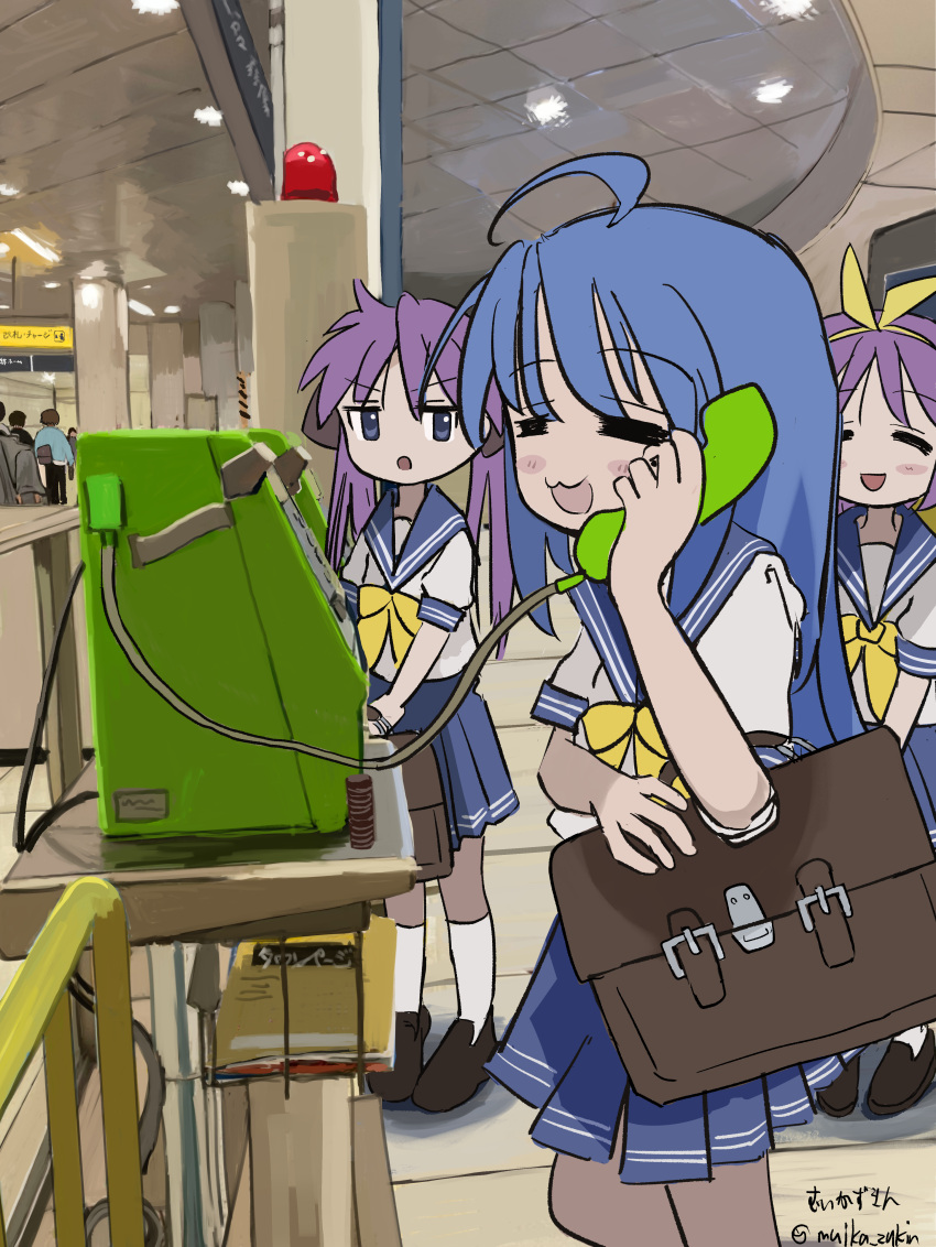 absurdres blue_hair blue_skirt blush brown_footwear friends highres hiiragi_kagami hiiragi_tsukasa izumi_konata lucky_star muika_zukin multiple_girls open_mouth payphone phone purple_hair ribbon scenery short_hair siblings sisters skirt socks twins white_socks yellow_ribbon