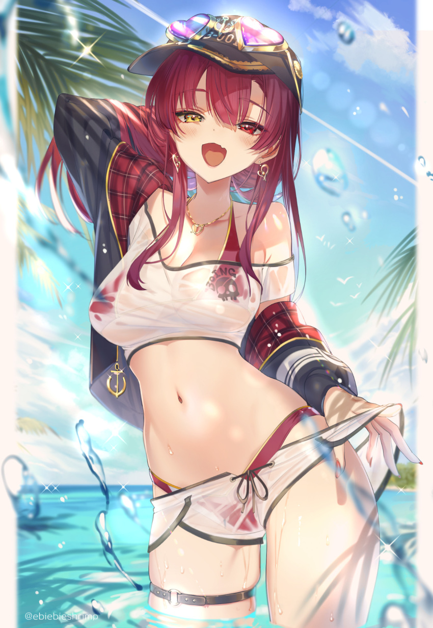 1girl :d baseball_cap bikini bikini_under_clothes black_headwear blue_sky breasts cloud day dolphin_shorts earrings eyewear_on_headwear hat heart heart-shaped_eyewear heart_earrings heart_necklace heterochromia highres hololive houshou_marine jacket jewelry leg_belt long_hair looking_at_viewer medium_breasts necklace official_alternate_costume open_clothes open_jacket open_mouth outdoors partially_submerged red_eyes red_hair shorts shuri_(84k) sky smile solo sunglasses sunlight swimsuit twitter_username virtual_youtuber wet wet_clothes yellow_eyes