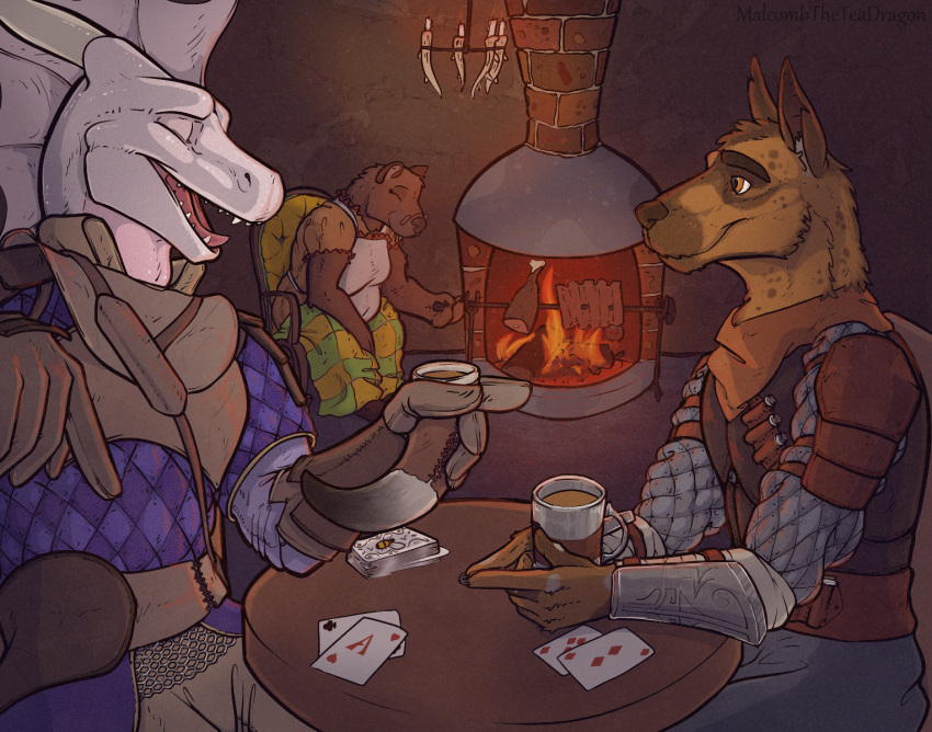 african_wild_dog anthro armor bear bedding beverage blanket canid canine card chair clothing cooking crag dragon eyes_closed female fireplace food frill_(anatomy) furniture gambeson hi_res malcombtheteadragon male mammal mug open_mouth sitting