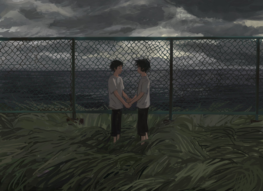 2boys black_hair black_pants floating_hair grass grey_sky highres holding_hands looking_at_another male_focus minahamu multiple_boys original outdoors pants profile scenery shirt short_hair short_sleeves sky storm_cloud water white_shirt wind wire_fence