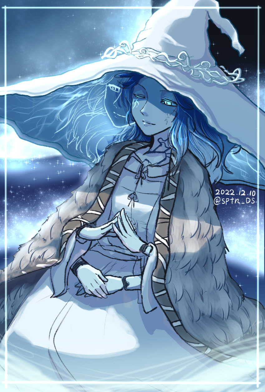 blue_skin cape cloak colored_skin cracked_skin elden_ring extra_arms extra_faces fur_cape fur_cloak glowing glowing_eyes glowing_tattoo hat highres joints large_hat ranni_the_witch robe sptn_00 witch witch_hat