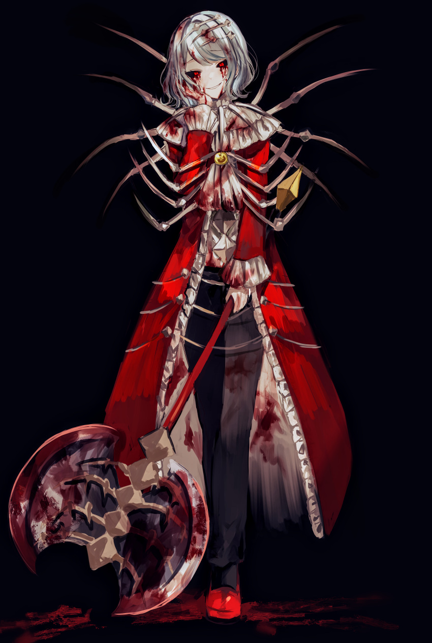 1girl absurdres angela_(project_moon) ascot axe black_pants black_sclera blood blood_from_eyes blue_hair bone coat colored_sclera e.g.o_(project_moon) frilled_coat gloves highres holding holding_axe library_of_ruina pants project_moon red_coat red_eyes red_footwear shirt smile solo the_red_shoes_(lobotomy_corporation) white_ascot white_shirt y_o_u_k_a yellow_gloves