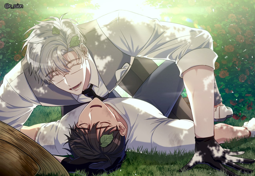 2boys black_gloves black_necktie boy_on_top brown_hair bush closed_eyes collared_shirt eyewear_on_head glasses gloves hand_on_another's_head ilay_riegrow jeong_taeui leaf leaf_on_head multiple_boys nature necktie o_ssion on_floor on_grass open_mouth outdoors passion_(manhwa) rose_bush shirt smile sunlight sweater_vest tree_shade white_footwear white_hair white_shirt yaoi